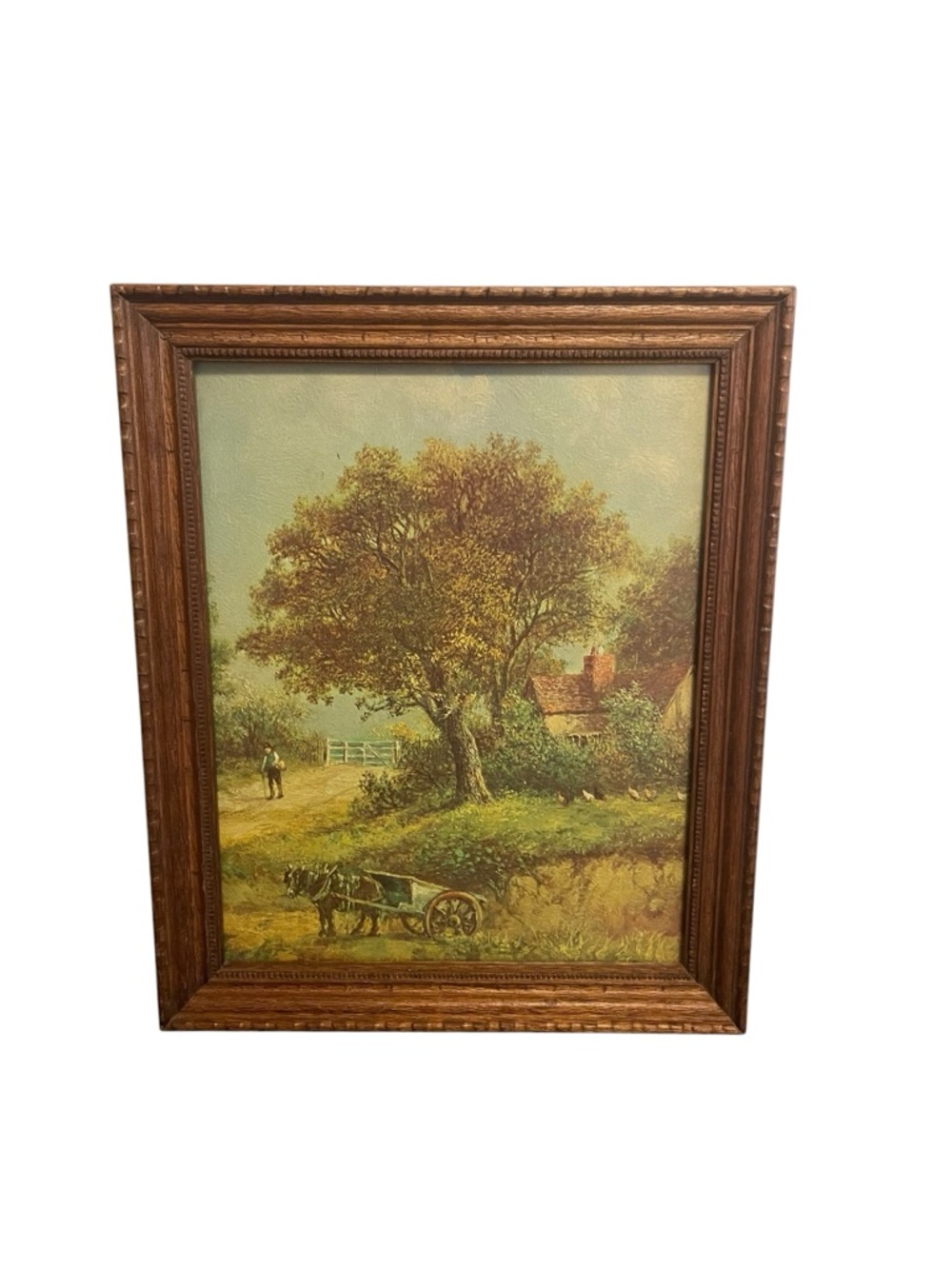 Pastoral Landscape Art Print Horse Cart Cottage Rustic Wood Frame Vintage Framed